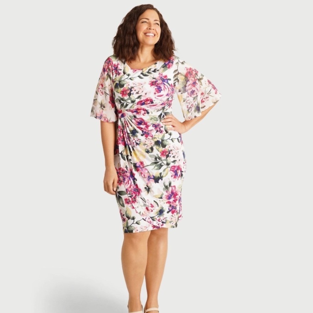Connected Apparel Floral Dress Womens 24W NWT Side Drape Flutter Sleeve MSRP $89